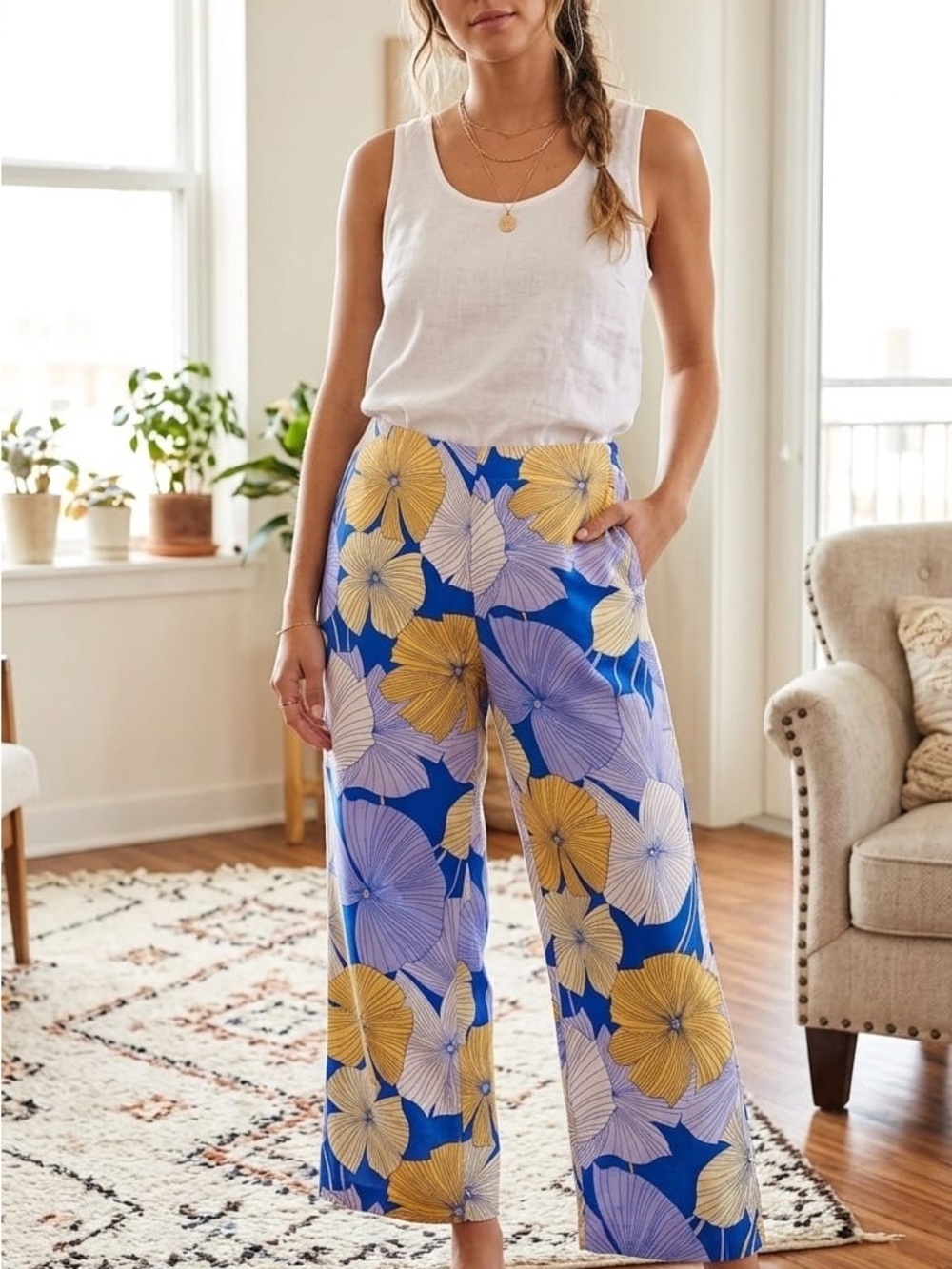 Floral Wide-Leg Pants in Blue and Yellow